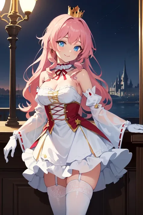 (masterpiece, best quality, ultra detailed, absurdres)1.5, 1girl, (sexy, beautiful woman, perfect face, perfect eyes, perfect female body)1.5, (kuroinu_prim, long hair, pink hair, wavy hair, sidehair, blue eyes, golden crown, white choker, golden collar, R...