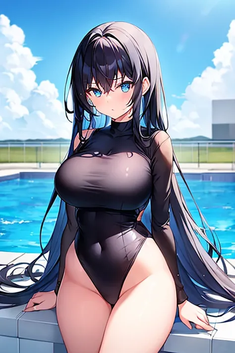 1girl, black hair, long hair, dark blue hair, large breasts, wide hips, thick thighs, one-piece swimsuit, competitiom swimsuit, black swimsuit, blue trim, blue eyes, shy, timid, long sleeves, bare legs, pool