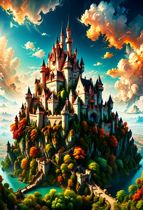 resort castle in the air, European elements, detailed background, fantasy art, panoramic view, Ultra high saturation, Enhancer, (best quality, masterpiece, Representative work, official art, Professional, 8k)