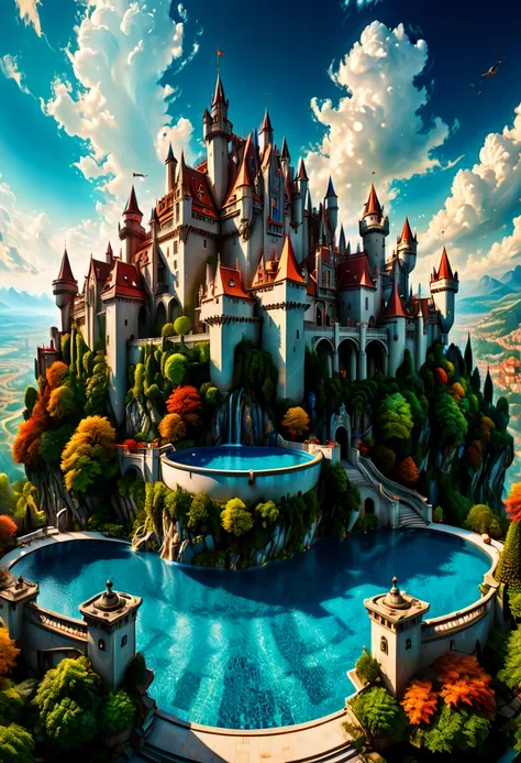 resort castle in the air, swimming pool, European elements, detailed background, fantasy art, panoramic view, Ultra high saturation, Enhancer, (best quality, masterpiece, Representative work, official art, Professional, 8k)