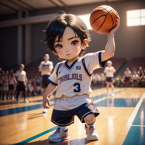 ​masterpiece、top-quality、ultra-detailliert、(chibi character boy:1.2),basket ball uniform,jersey２１,basketball dribbling,dynamism,...