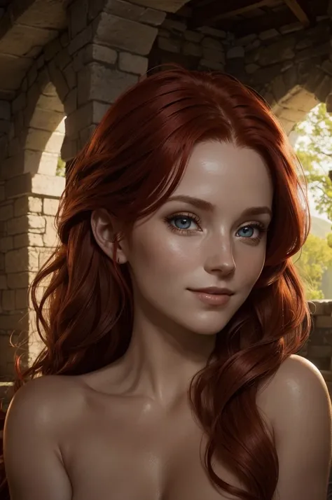 Triss, flowing wavy red hair tied back, ((beautiful, perfect face)), ((detailed, beautiful, perfect, eyes)), ((nude)), smiling, looking at viewer, relaxing in a stone-walled hunting lodge, fun, ((realistic)), dramatic lighting, (depth of field), ((masterpi...