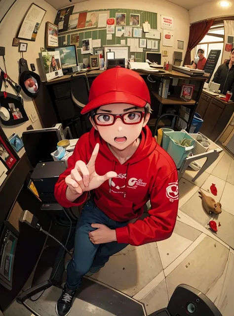 arafed man in a red hoodie and glasses looking through a hole in a wall, fisheye!!!!!! lens, fisheye!!! lens, ((fish eye)), fisheye!!!!! lens, fisheye!!!!! lens!!!!!, fisheye 4, fisheye lens!!!, taken on go pro hero8, fisheye!!!, fisheye, fisheye photo, (f...