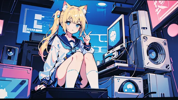 (face, 1 girl, blonde hair, side ponytail, blue eyes, sailor suit, cat ear, kawaii, sitting), (blue cyberpunk, room with big monitor)