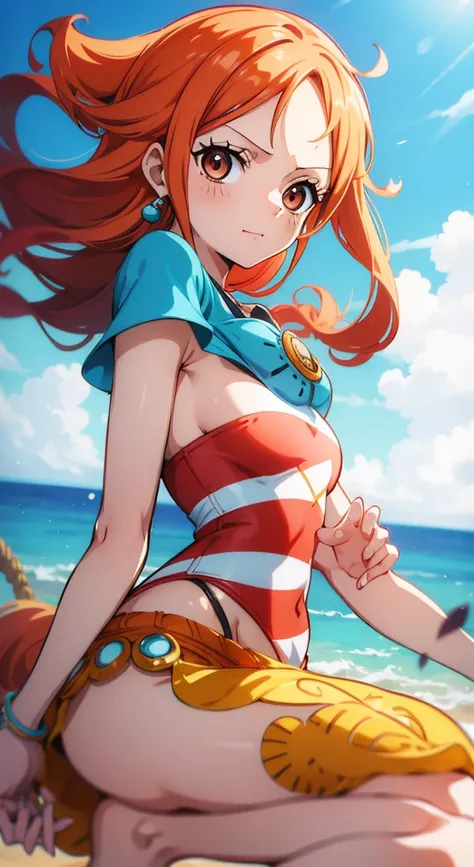 Generar una imagen realista de estilo anime de Nami de One Piece. Captura su apariencia distintiva con cabello naranja, una camisa, and a cheerful expression. Make sure the picture reflects your adventurous and confident personality as shown in the anime.....