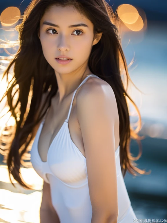 ((Realistic Light, Best Quality, 8a, Masterpiece:1.3)), Sharp Focus:1.2, 1 Girl, Beautiful Woman with a Perfect Figure:1.4, Slim Tummy:1.1, (( Long dark brown hair)), (white swimsuit: 1.4), (outside, at night: 1.1), standing by the sea, extraordinarily det...