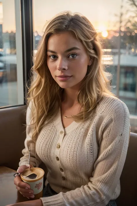 beautiful blonde Margot Robbie wearing pink sweater (sipping coffee inside a modern café at sunset), very detailed, 21 years old, innocent face, natural wavy hair, blue eyes, high resolution, masterpiece, best quality, intricate details, highly detailed, s...