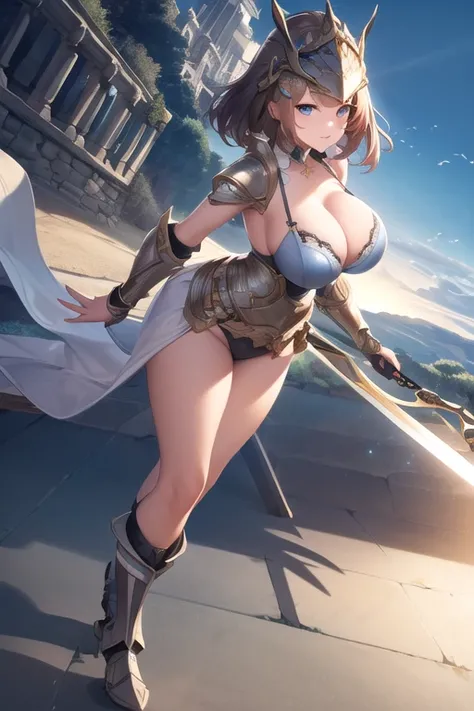 cloud, day,outdoors, standing in front of a castle , holding a sword in her hand, (helmet:1.3),(armor),(breastplate),(skirt_armor),(silver_BRA),a helmet on her head,armored_boots, (Blue_eyes),(brown_hair),(short_hair), (hair_Bun),(Bangs), 1 girl, 20yo,Youn...