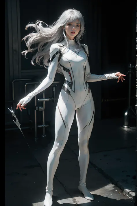 (((full body photo))) (CG Unity 8K wallpaper in extreme detail，tmasterpiece，Highest image quality)，(Delicate light and shadow，The picture is highly dramatic，Cinematic lens effect)，A girl in a white Spider-Man costume，Silver-gray hair color，From the Spider-...