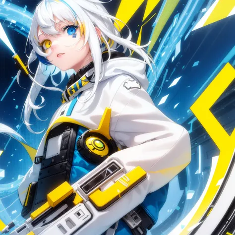 A girl with (heterochromia:blue and yellow:1.333)0.8], long white hair with bangs, highlighting her colored eyes, wearing technological clothes:1.25). 