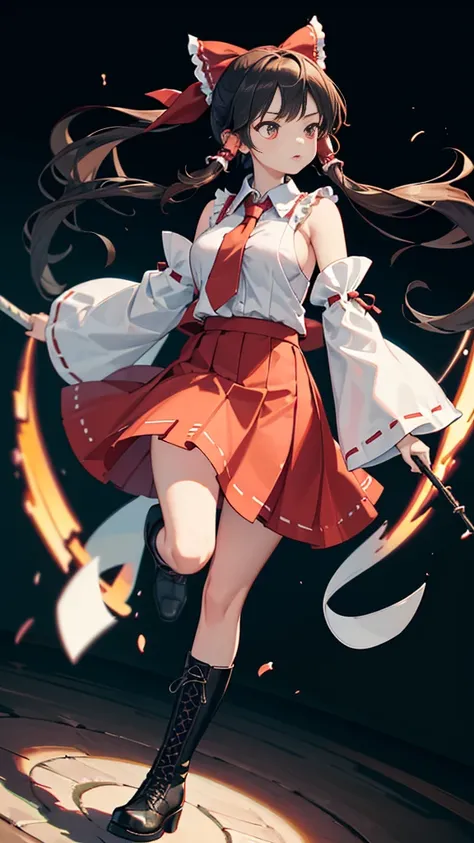 masterpiece, intricate details,highest quality, chromatic aberration, girl,floating, In combat,skirt, Reimu Hakurei,long hair, removed sleeve, tie,  boots, shirt, boots, skirt, No sleeve,skirt,whole body, No sleeve shirt,long hair, black shoes, big breasts...