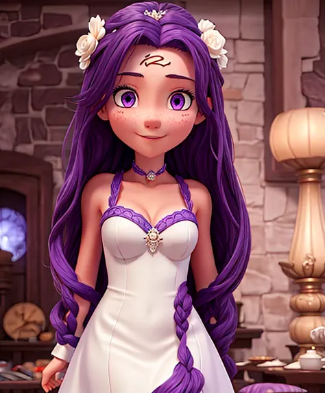 1girl, best quality, masterpiece, high resolution, solo, {white dress:1.40}, {short dress:1.20}, {medusa_fgo:1.15}, long_hair, purple_hair, very_long_hair, purple_eyes, breasts, big_breasts