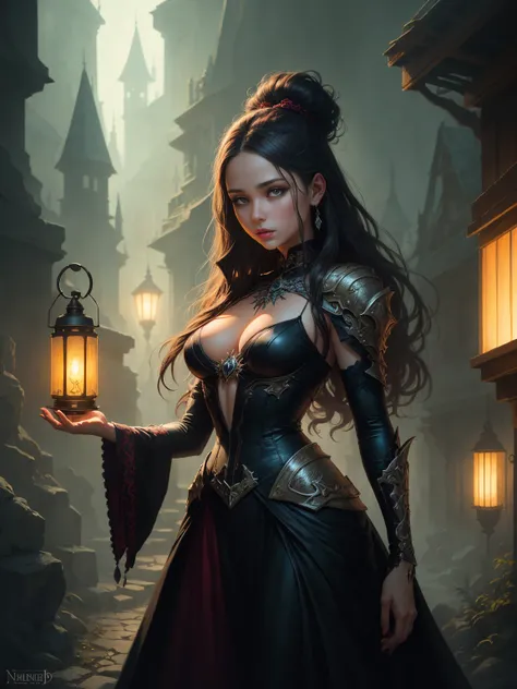 Arafed woman holding a lantern with a green light in her hand, dark fantasy style art, fantasy dark art, in style of dark fantasy art, dark fantasy art, Dark Fantasy Illustration, dark fantasy artwork, neoartcore and charlie bowater, dark fantasy mixed wit...