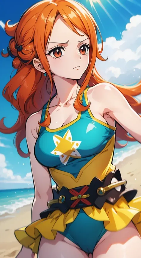 Generar una imagen realista de estilo anime de Nami de One Piece. Captura su apariencia distintiva con cabello naranja, una camisa, and a cheerful expression. Make sure the picture reflects your adventurous and confident personality as shown in the anime.....