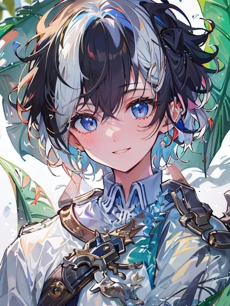 ((Highest quality)), ((Masterpiece)), ((very detailed)), (Very delicate and beautiful), boy,cute,innocent smile,blue eyes,black hair,dragon