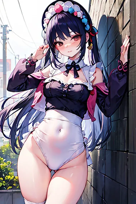 Girl in maid outfit pushed against wall，Wearing very little and very shy，Eyes are confused，Strike a captivating pose，Beautiful and delicious，Seems helpless and unsatisfied，milk flowing between thighs，Clothes outline a graceful figure，Hair stuck to cheeks w...