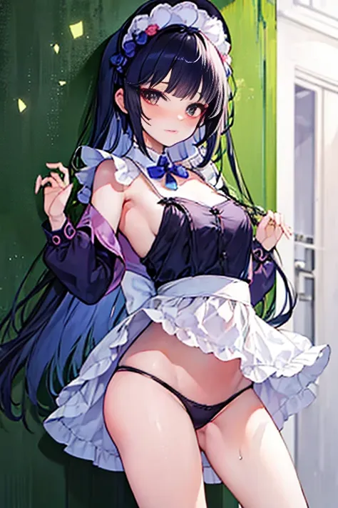 Girl in maid outfit pushed against wall，Wearing very little and very shy，Eyes are confused，Strike a captivating pose，Beautiful and delicious，Seems helpless and unsatisfied，milk flowing between thighs，Clothes outline a graceful figure，Hair stuck to cheeks w...