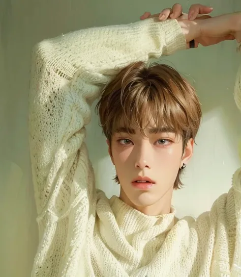 An arafed man in a white sweater raises his hands, Jung Jaehyun, cai xukun, hyung tae, inspirado en jeonseok lee, kim doyoung, TaeJune Kim, hong junio hyung, inspirado en Bian Shoumin, Jimin, yanjun chengt, shin jeongho, Jinyoung Shin, hyung tae kim, fotos...