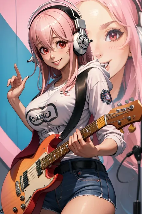 (masterpiece, best quality:1.2), solo, 1girl, super sonico, smiling, breast, pink hair, tight shirt, playing guitar, holding ins...