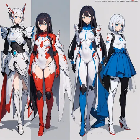 (((full body photo))), red blue and white color, femboy wearing a lightly armoured body suit, sci-fi themes, chest armour, gundam, best quality, arte oficial, Sketch line diagram, eye blue, front view, back view, and side view of character, long hair