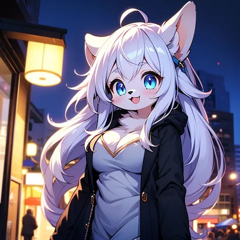 (masterpiece, highest quality), intricate details, 8K, lapin, black coat, 1 girl, blue eyes, Ocean, white, cute, big breasts, slender body shape, night, furry, long hair, smile, furry, anime, Standard height, whiteい髪, city