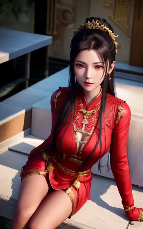 Araf woman in red dress sitting on bench，Wearing a gold chain, full body xianxia, Red Armor Lady, Beautiful charming anime woman, Seductive portrait of Tifa Lockhart, Rin Harusaka, Popular topics on cgstation, seductive anime girls, Succubus in tight skirt...