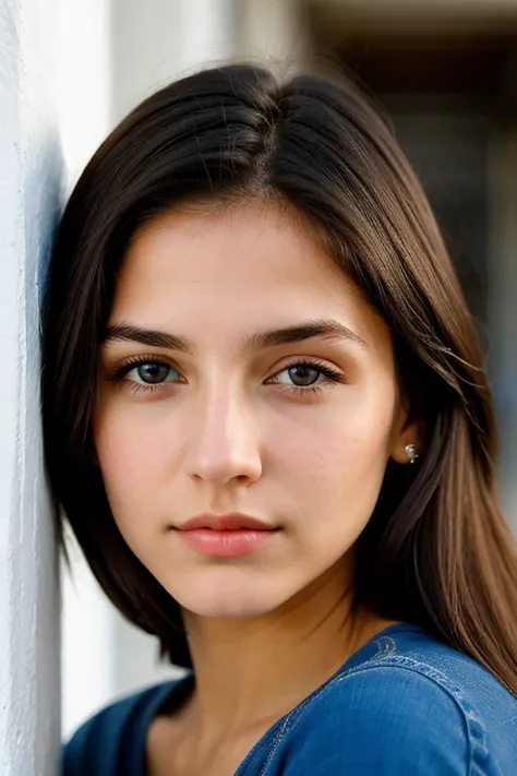 20 year old girl, piel blanca, mirando al frente, cabello color azul, ojos medianos, small, thin nose, boca mediana, contextura delgada, hyperdetailed photography, luz suave, retrato, realista. 
