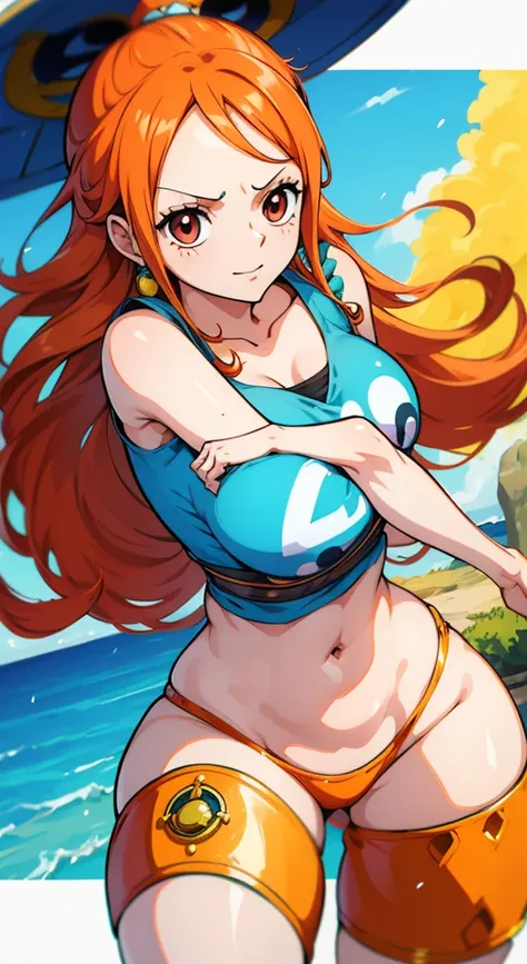 Generar una imagen realista de estilo anime de Nami de One Piece. Captura su apariencia distintiva con cabello naranja, una camisa, and a cheerful expression. Make sure the picture reflects your adventurous and confident personality as shown in the anime.....