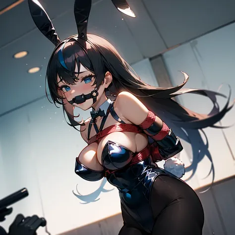 One beautiful bound girl with a focus on bondage、bunny Ears、(black hair)、(long hair)、((blue eyes))、((bunny suit)), ((long sleeves, elbow gloves)) 、high quality、best quality, full body, swept bangs, arms behind back, (((((strapped, straps)), bound arms, res...