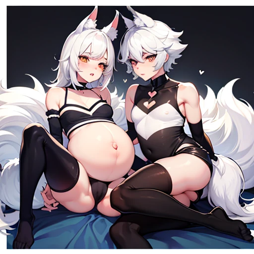 pregnant,baby bump,pregnancy,wolf boy,boy,male,femboy,twink,in short shorts,in thigh highs,wolf ears,white hair,wokf tail,tail
