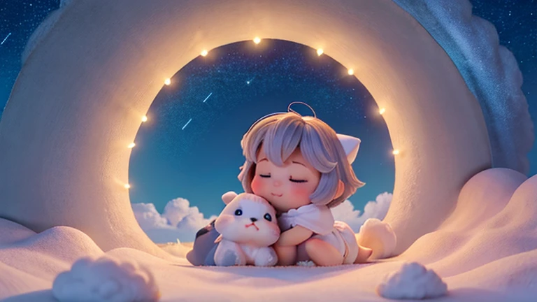  a charming night scene with an adorable baby rabbit napping on a fluffy cloud, vestindo uma touca de dormir. The surrounding starry sky illuminates the scene, pintando o fundo com tons azulados que destacam a serenidade do momento. Capture the puppy&#39;s...