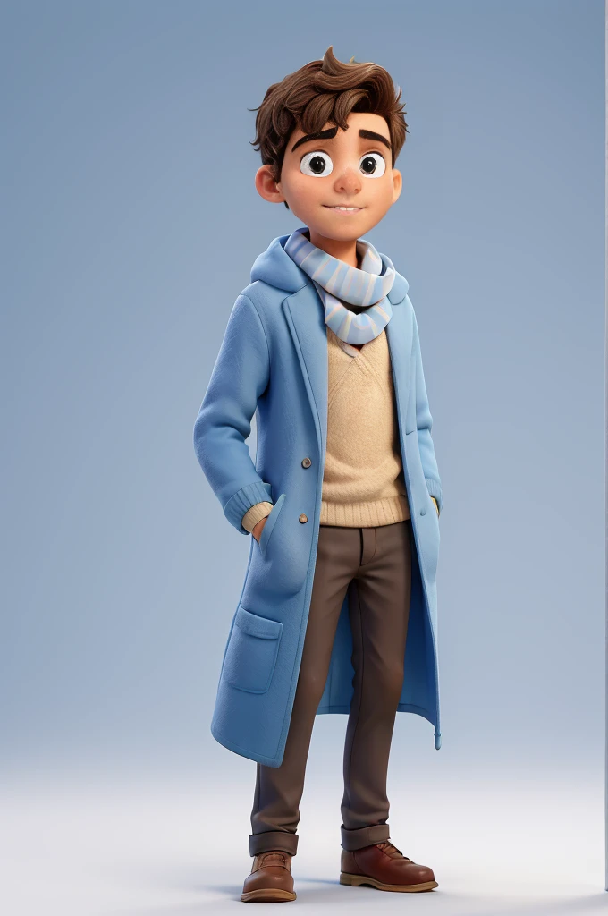 obra de arte, melhor qualidade, um jovem adolescente homen , wearing a light blue coat and scarf , standing in the studio with white background