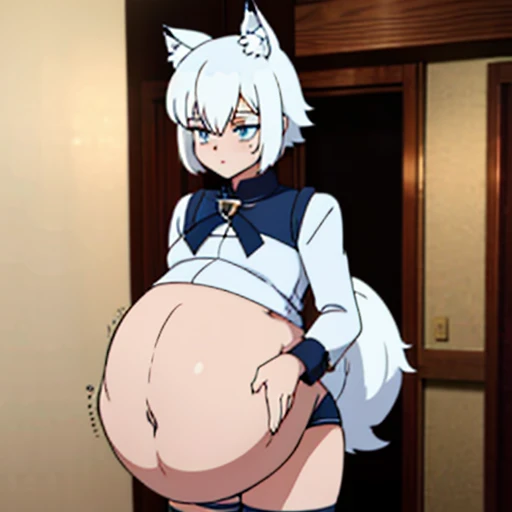 pregnant,baby bump,pregnancy,wolf boy,boy,male,femboy,twink,in short shorts,in thigh highs,wolf ears,white hair,wokf tail,tail
