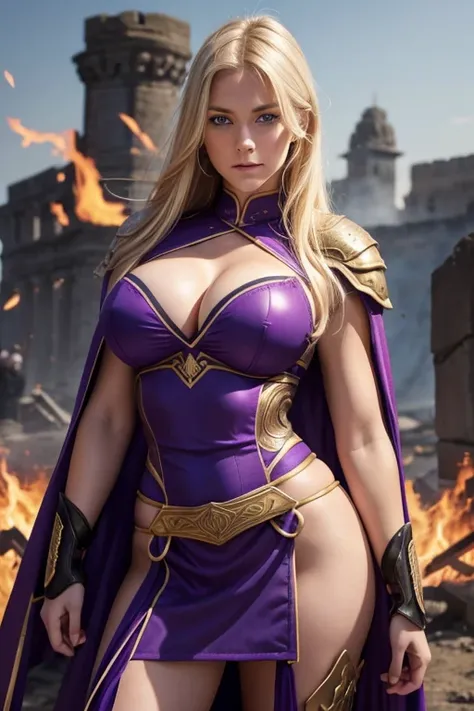 one girl,british ,blonde, blue eyes, detailed face, detailed in purple and bkack, using toys, long hair, sexy, curvy, tall, top shirt, warriors roman, roman empire, using sexy armor with cape full bod background in fire