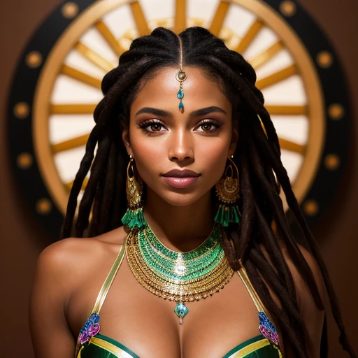 Create an captivating image of Isabella, a Brazilian model. Emphasize her beautiful bronze skin, the color of chocolate, with dreadlocks cascading in hues of blue and green. Her enticing green eyes and an irresistible smile reflecting happiness and authent...