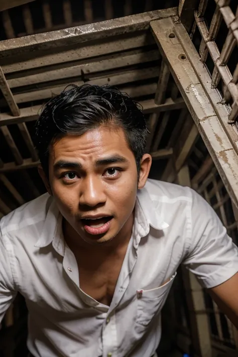 balinese boy, 27yo, wearing white button-down shirt, calling someone by phone, hiding in the dark, open mouth, use communication tools, crawling in the ductwork, high res, ultrasharp, 8K, masterpiece