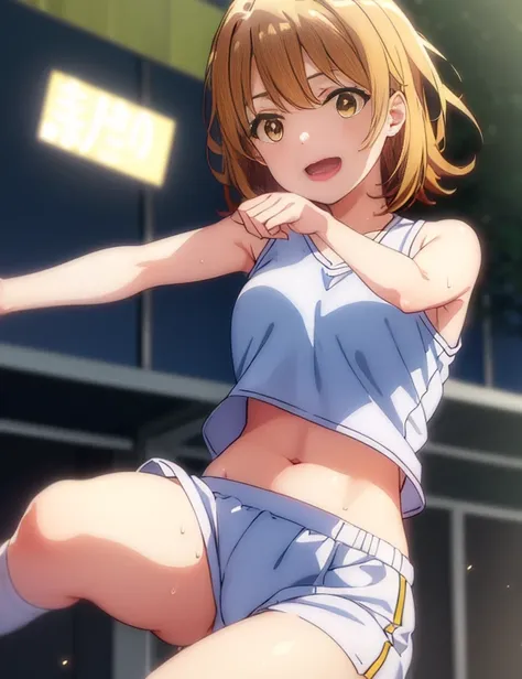 irohaisshiki, Isshiki Iroha, short hair, brown hair, (brown eyes:1.5), smile,(Very delicate eyes), (cheer leading), (whole body), big breasts, Lower, (sweaty), sweaty Wet Clothes, (Yellow clothes), , navel support, playground, (jump), (jump), 足を曲げてjumpする, ...