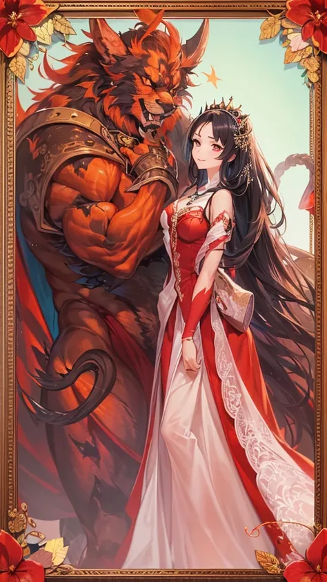 masterpiece, best quality, 16k, beautiful detailed grow, daydreaming expression:1.4, ((1 Ifrit is biggest devil gentleman 65 yo is doing princess carry to 1 human:1.2 girl with frame:1.3)), ((she is curly black long hair cute face cute red eyes cute smile ...