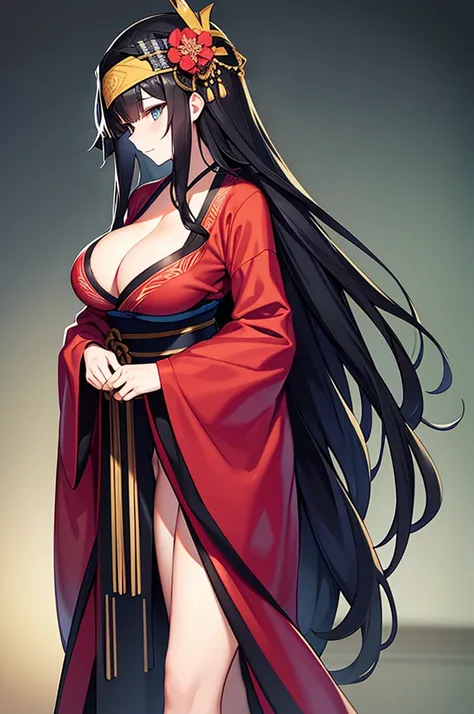 kimono, long black hair, headband, big breasts