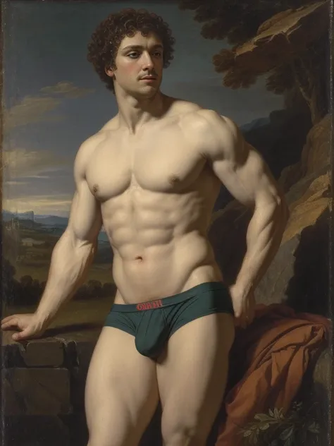 full body, complete body, ((oil painting, masterpiece)), best quality, full body, a handsome muscular male, curly hair, shirtless, ((briefs, big bulge)), detailed face, side view, manly pose, classical painting, fine art painting, landscape background