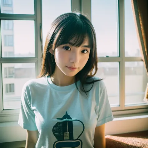 The face of a beautiful Japanese female idol standing by the window and posing like a model. Focal length 100mmf/2.8, early winter day, sunny weather, living room on the upper floor of a tower apartment, plain T-shirt and shorts, close-up of eyes, film qua...