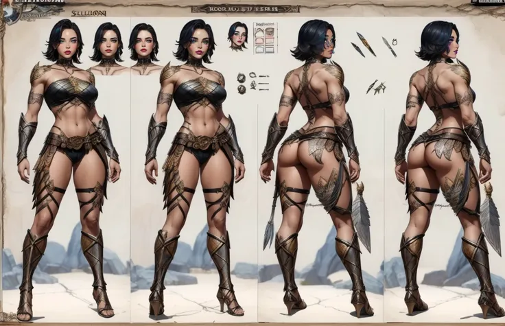 (The concept character sheet of a strong, attractive, and hot woman gladiator, full body, gladiator style, wearing gladiaror costume) (Full of details, frontal body view, back body view), Highly detailed, Depth, Many parts, ((Masterpiece, Highest quality))...