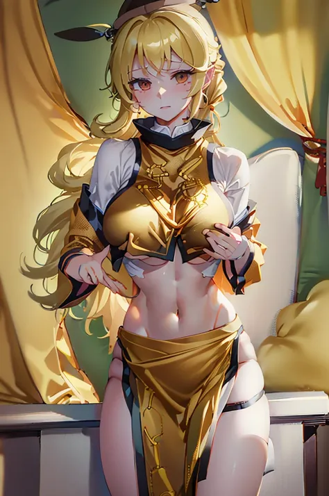 (masterpiece, best quality), best quality, (ultra-detailed), (3heads:1.5), 1girl, (okina matara:1.3), masterpiece, best quality, yellow-orange top, crop top, ((stomach)), midriff, ((groin)), green skirt, normal ears, shackles, blonde hair, very long hair, ...