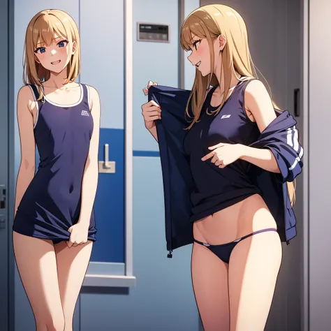 A thin female student with small breasts,{laughing},{nsfw},locker room,school swimwear,undressing,undressing with friends