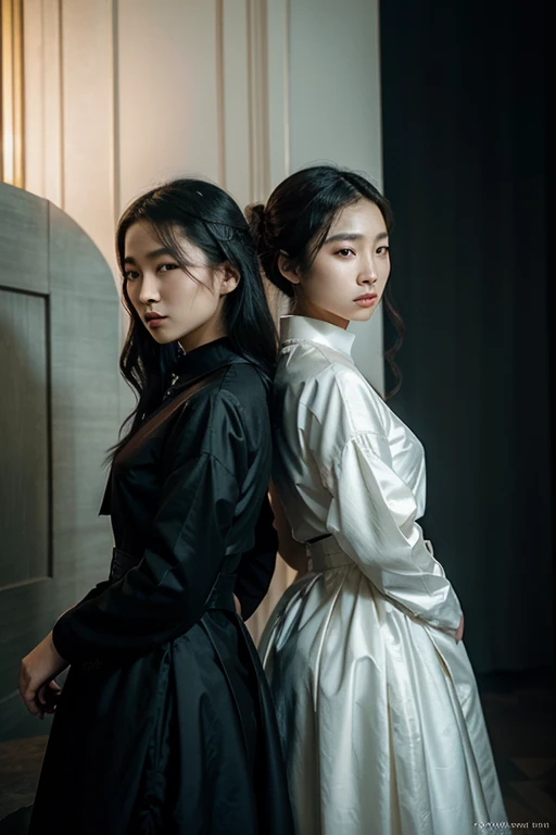 In a setting of elegance and mystery, the cover of this magazine features two Korean women with their backs to the camera, in an engaging visual composition. Dressed in gothic and educational attire, the female silhouettes stand out against the ethereal ba...