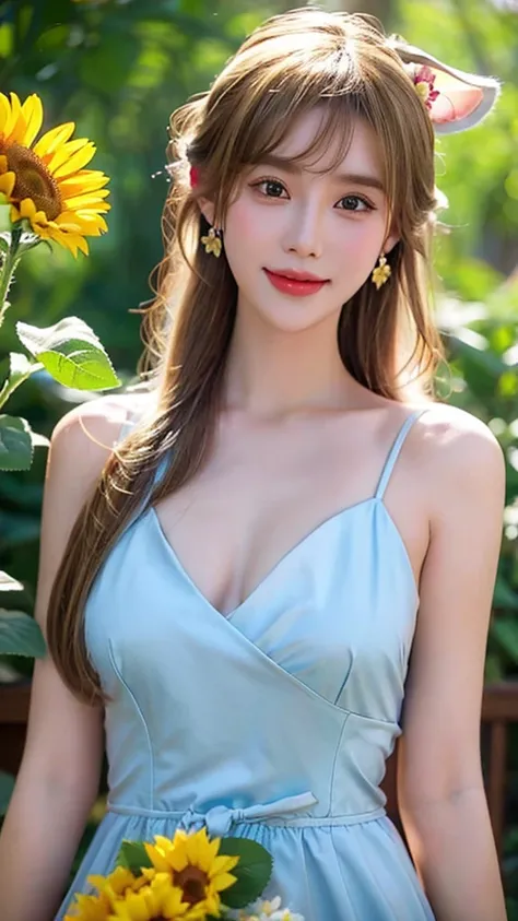 1 girl，animal ears，sunflower，blond，flowers，Rabbit ears，jewelry，earrings，long hair，Yellow flowers，Upper body，分开lips，looki at viewer，solo，假animal ears，breast，dress，Smile，Bangs，蓝色dress，cleavage，Vague背景，bouquet，Artist name，hold，teeth，lips，Headband，Vague