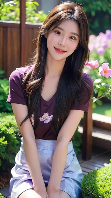 girl，single，flowers，brown hair，looking at the audience，long hair，shirt，黑色shirt，outdoor，brown eyes，short sleeves，skirt，boobgasm，Purple flowers，Smile，lips，Realistic，garden，sitting