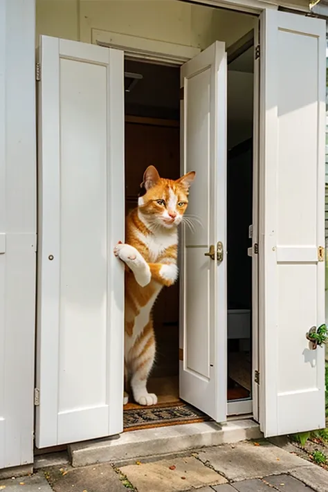 ginger white cat, waiting outside a closed door