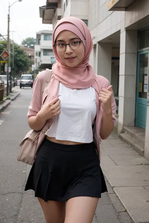 Bogor city girl, school girl, sweet young,  18 years old girls,  open wide little beautiful eyes, pink hijab, cheerful face, glasses,  walking fast to  campus, 