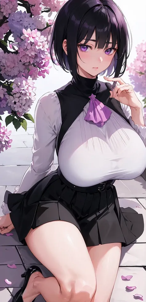 { - anatomy error} (Masterpiece - Ultra-detailed, very high resolution) (huge titusty, masterpiece, absurdres, hinata(boruto), 1girl, solo,mature female, lilac turtleneck blouse,  waist black medium skirt, looking at viewelling petals), perfect composition...